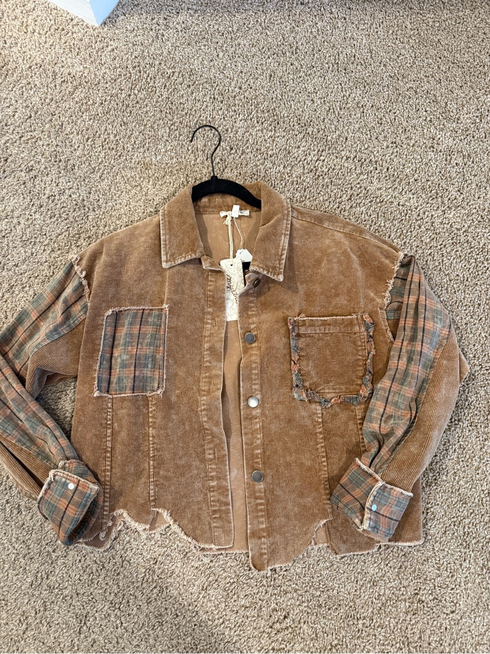 Women’s Size Large Mystree Brown Corduroy Shacket with Plaid Sleeves and Details